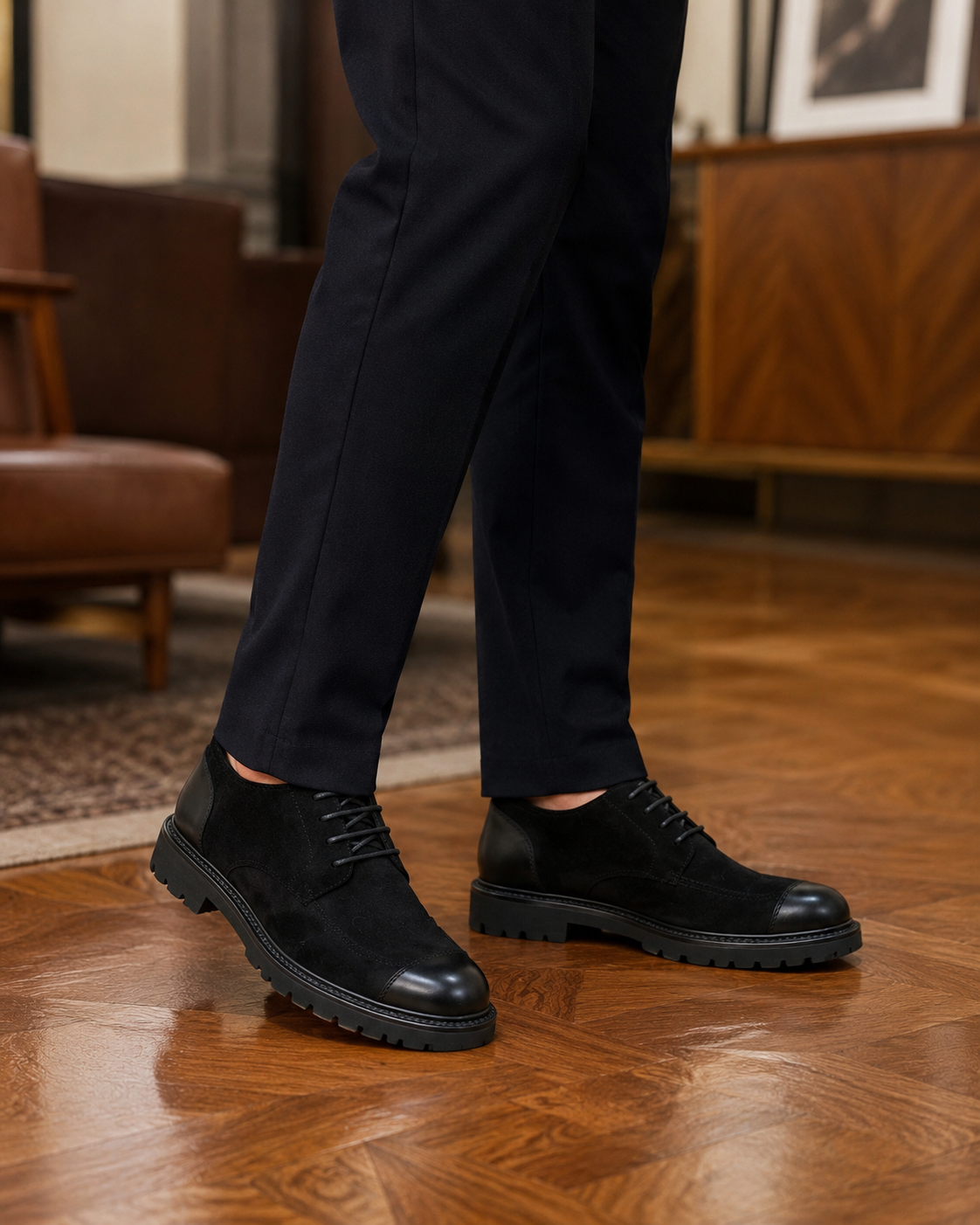 Kişi üçün Qara Zamşa Oxford Ayaqqabı | Premium Qalın Altlı Klassik Model