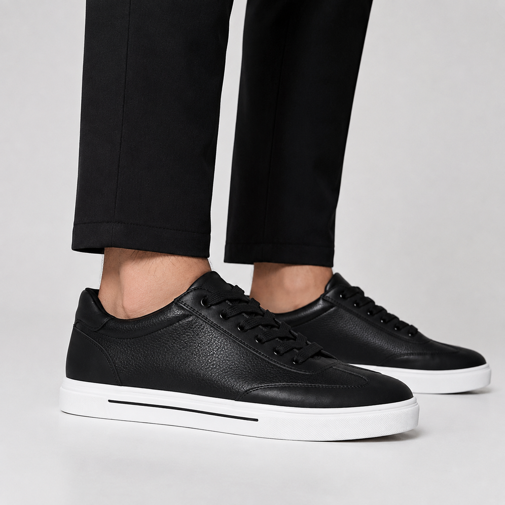Kişi üçün qara dəri ağ altlıqlı gündəlik sneaker ayaqqabı