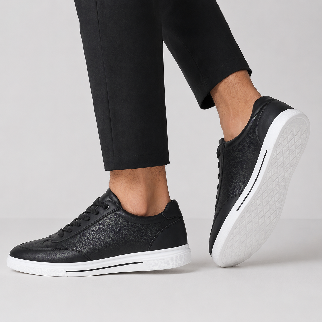 Kişi üçün qara dəri ağ altlıqlı gündəlik sneaker ayaqqabı
