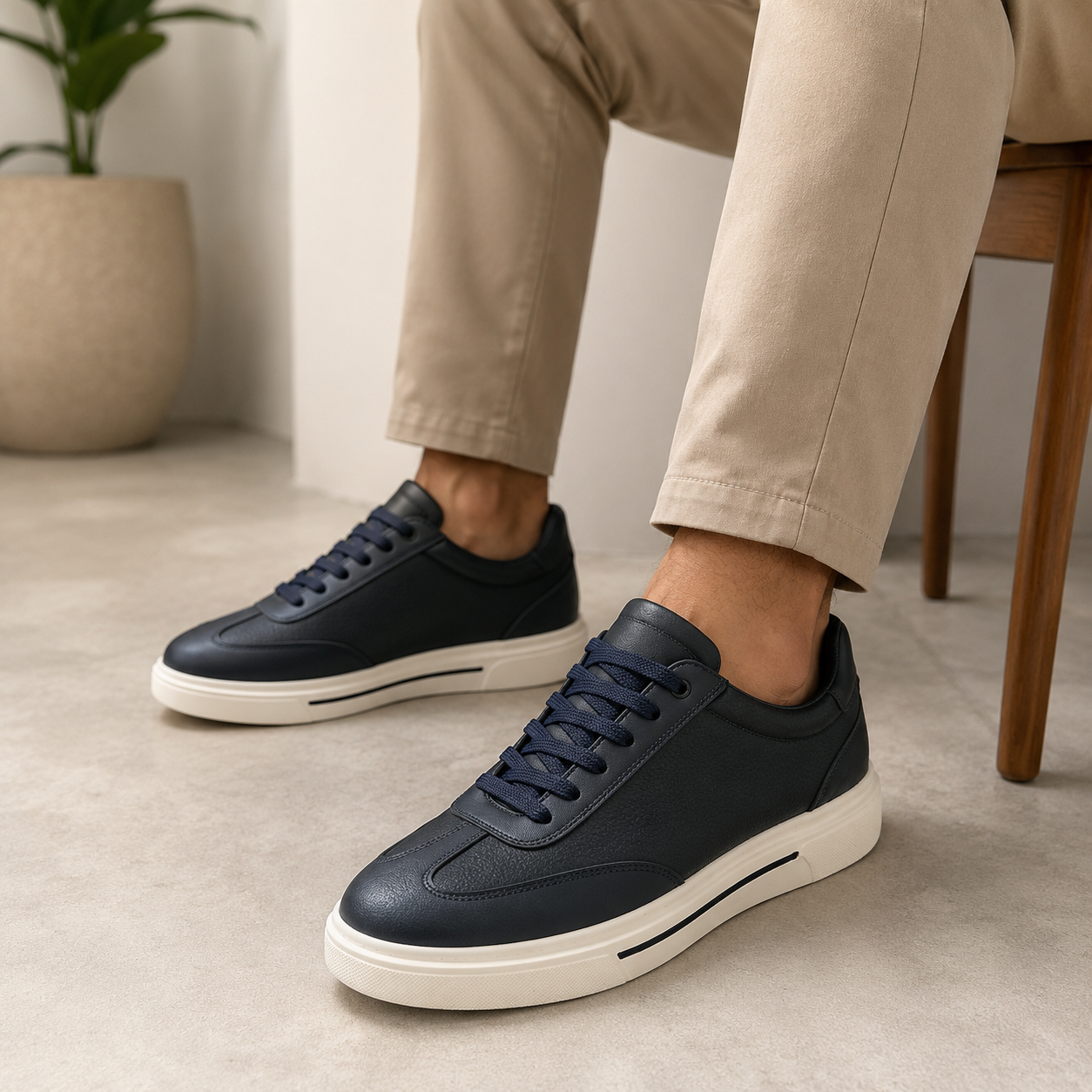 Kişi üçün Tünd Göy Dəri Sneaker – Ağ Altlıqlı Gündəlik Model