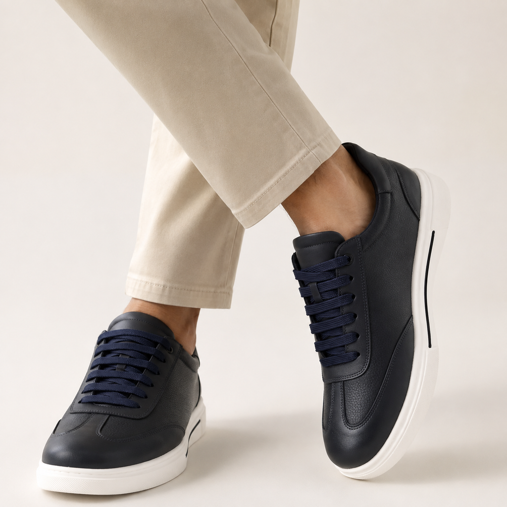 Kişi üçün Tünd Göy Dəri Sneaker – Ağ Altlıqlı Gündəlik Model