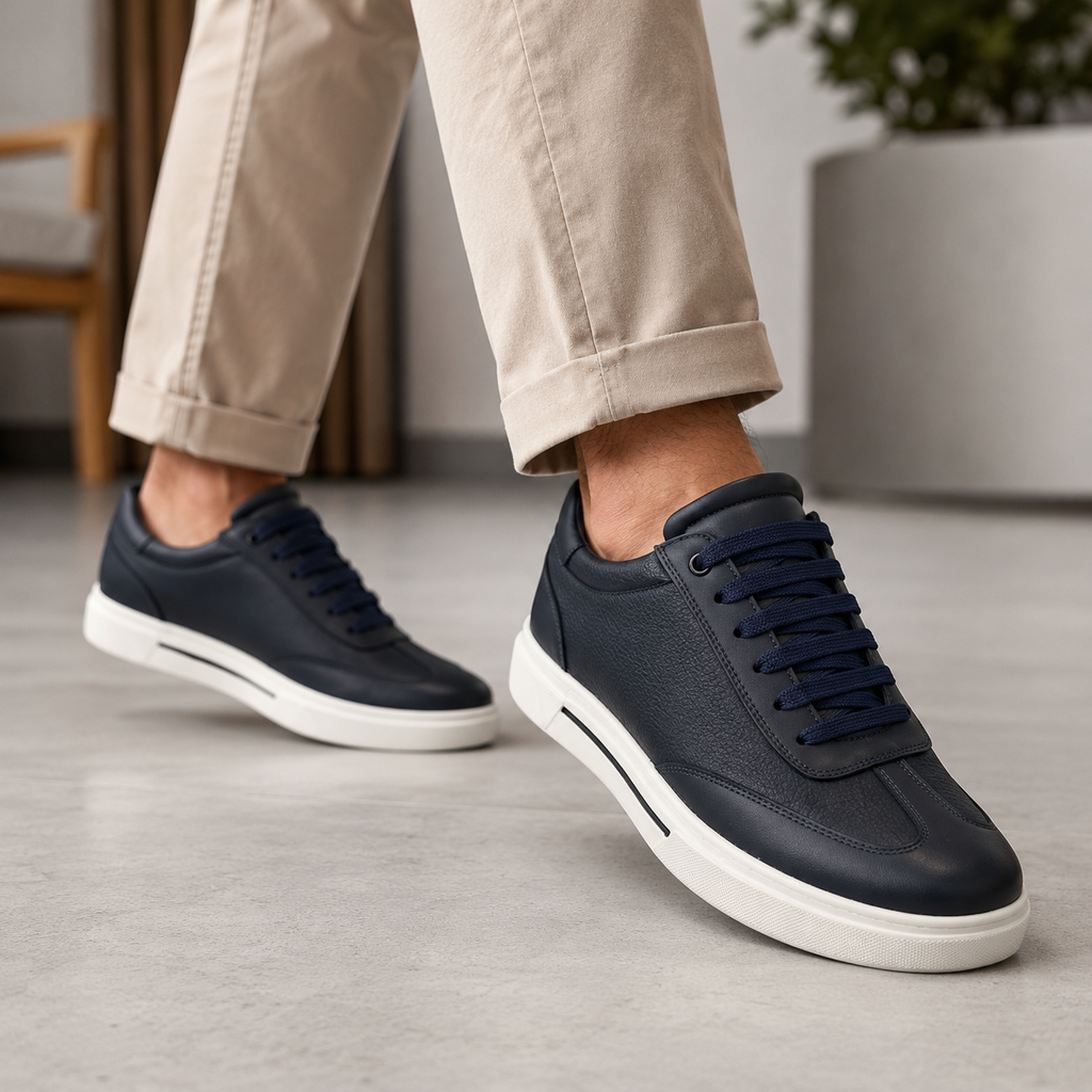 Kişi üçün Tünd Göy Dəri Sneaker – Ağ Altlıqlı Gündəlik Model