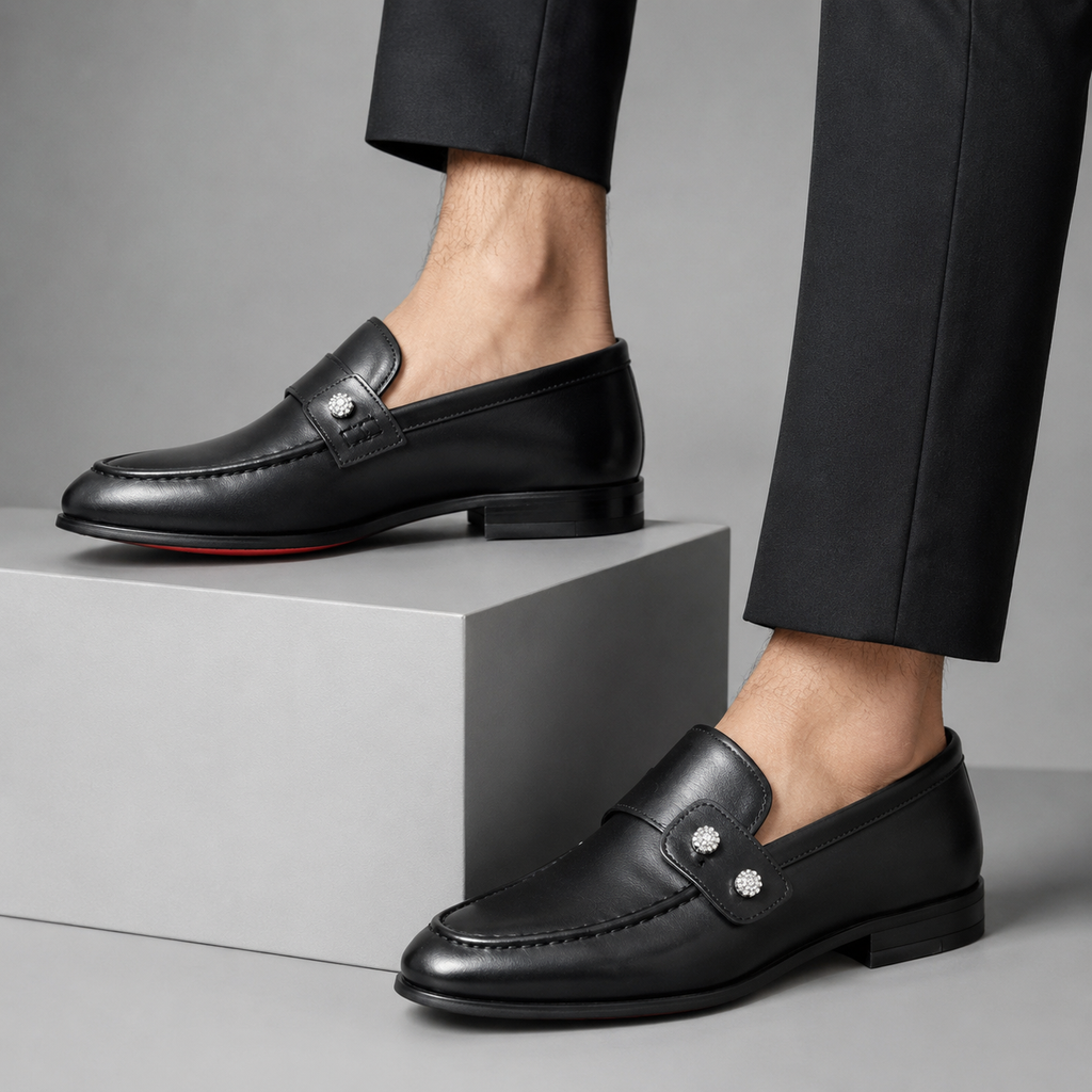 Kişi üçün Premium Qara Dəri Loafer Ayaqqabı – Kristal Detallı Elegant Model